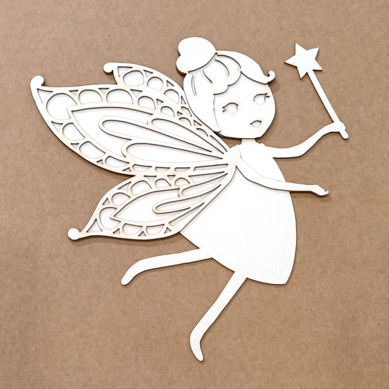 Recorte de fada de madeira branca com asas e varinha