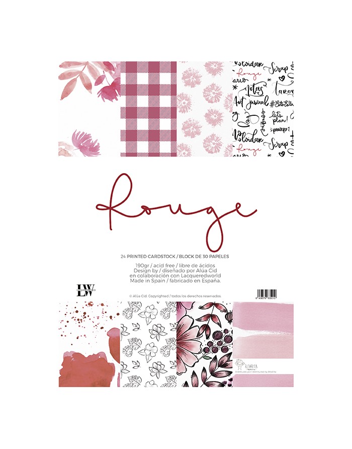 Folhas de cartão estampado com padrões em tons de vermelho, rosa e branco