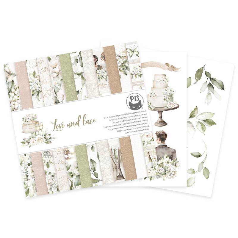 Papéis decorativos para scrapbook com tema romântico em tons pastel, flores, bolo de casamento e casal.