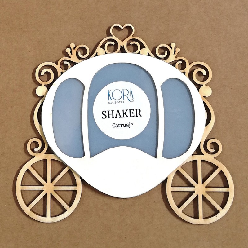 Shaker em formato de carruagem de madeira com pintura azul e branca e texto da marca