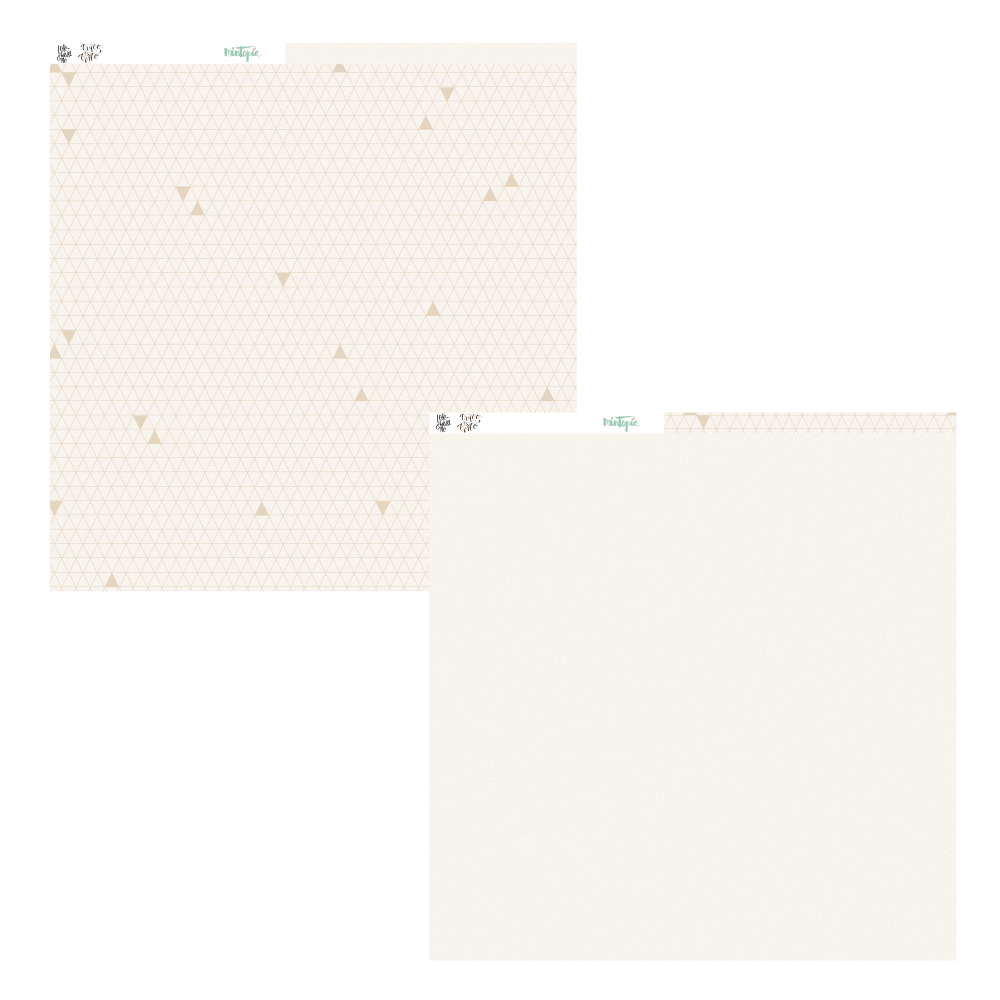 Duas folhas de papel para scrapbook com padrão de triângulos e lisa em tons bege