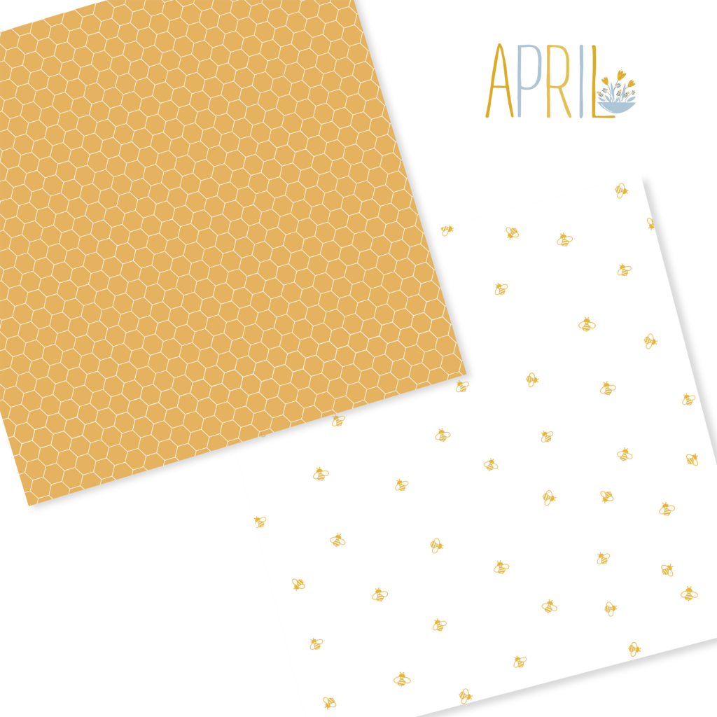 Papéis decorativos com padrões de colmeia e abelhas e texto APRIL