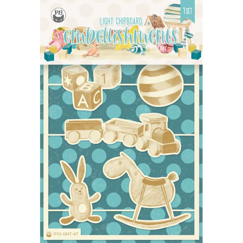 Enfeites de chipboard em formas infantis em tons bege e castanho claro em fundo azul