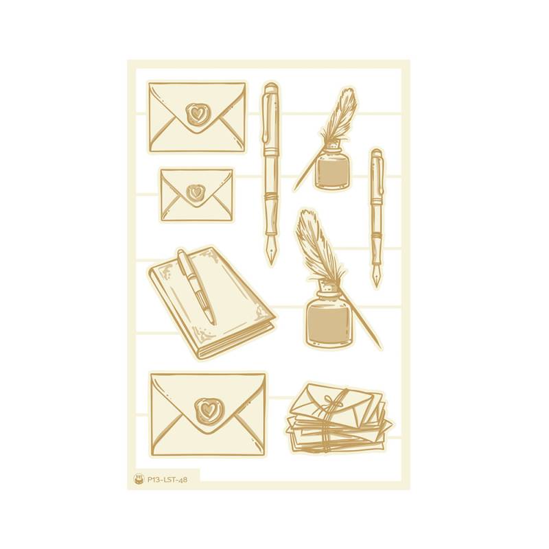 Ilustração de artigos de escrita dourados com envelopes e tinteiros.