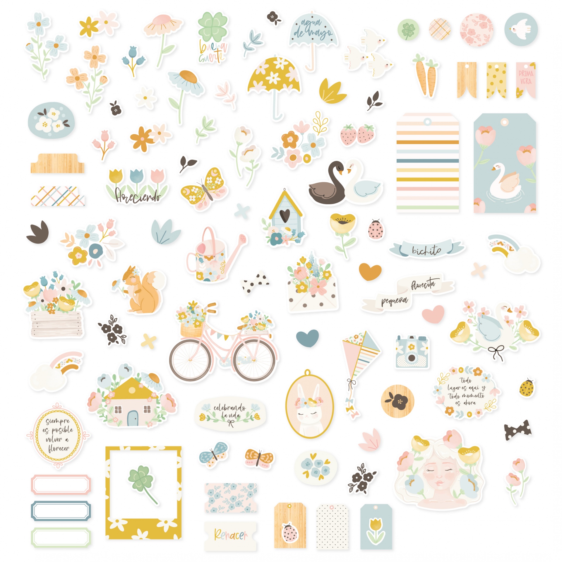 Coleção de adesivos primavera coloridos com flores, animais, bicicletas e frases em português