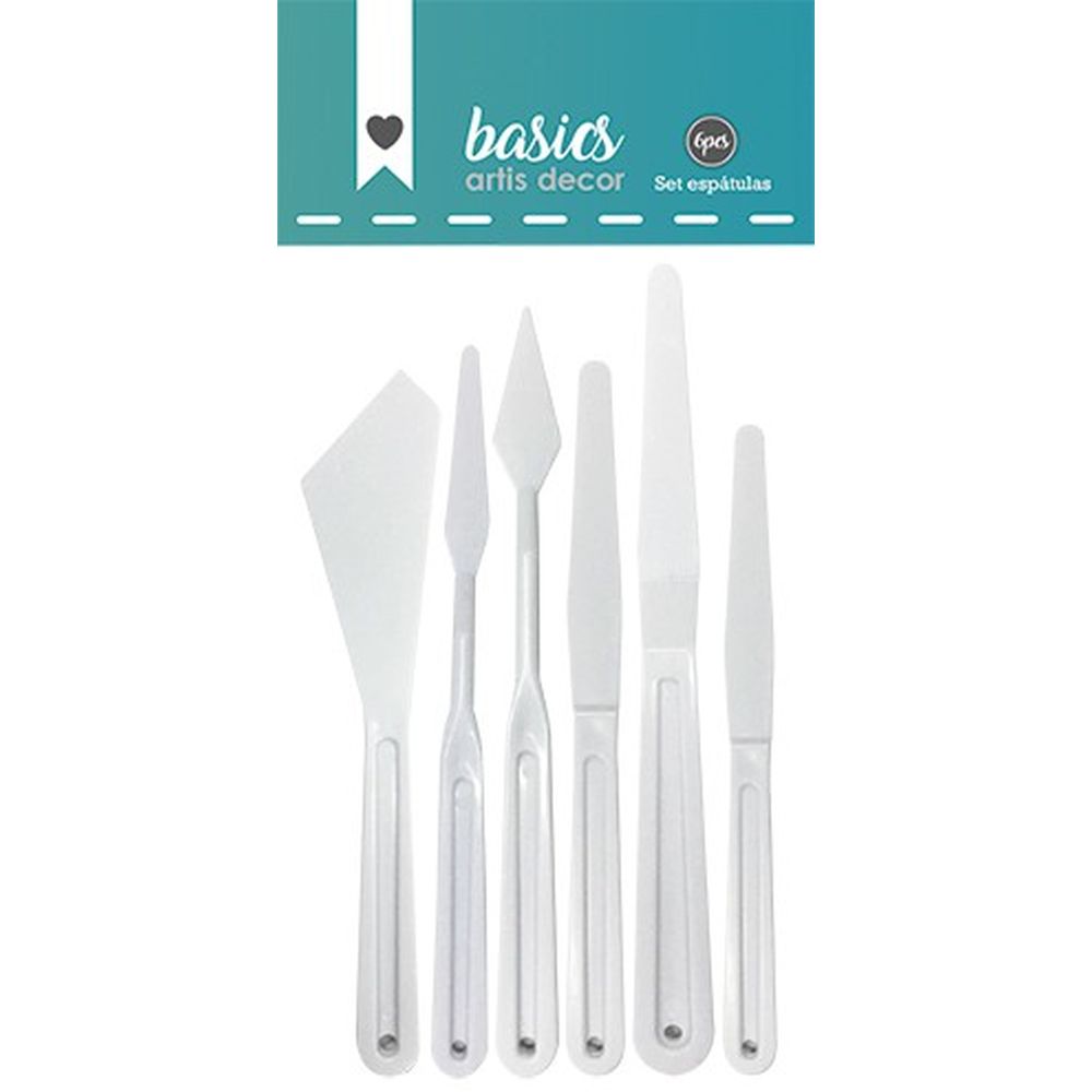 Conjunto de 6 espátulas de plástico branco com cabo transparente em embalagem azul