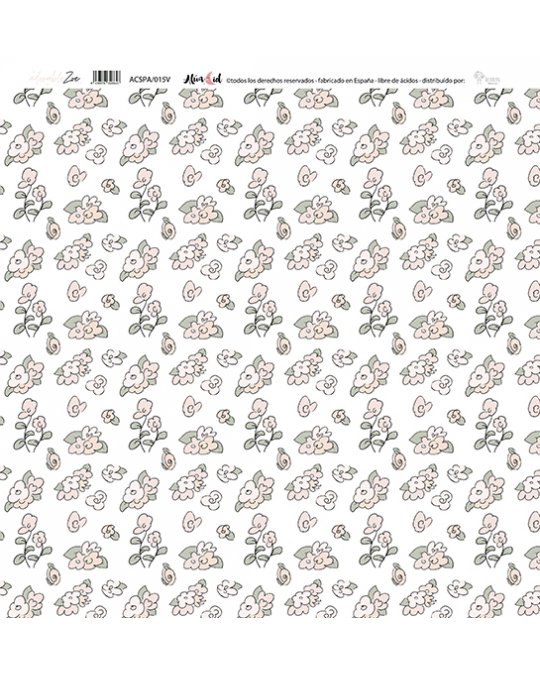 Papel decorativo com padrão de flores pequenas em bege e verde claro