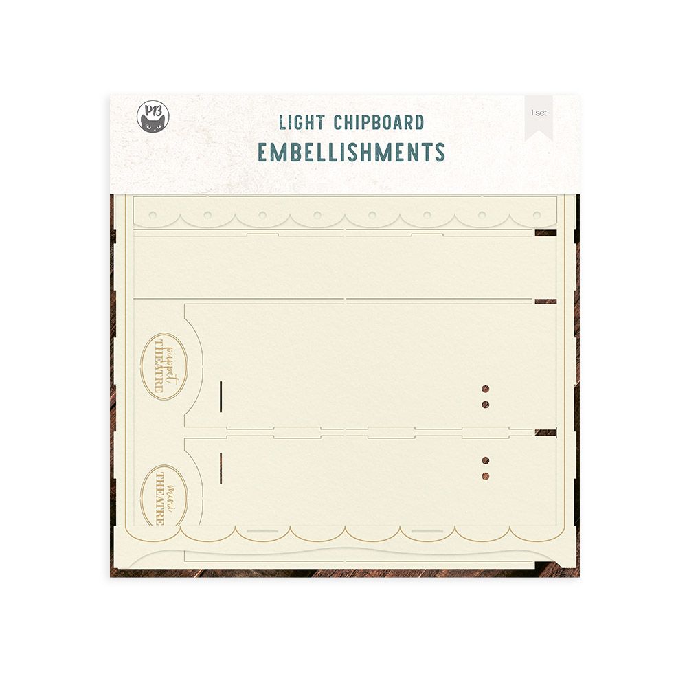 Embalagem de embellishments em light chipboard bege com texturas e texto no topo