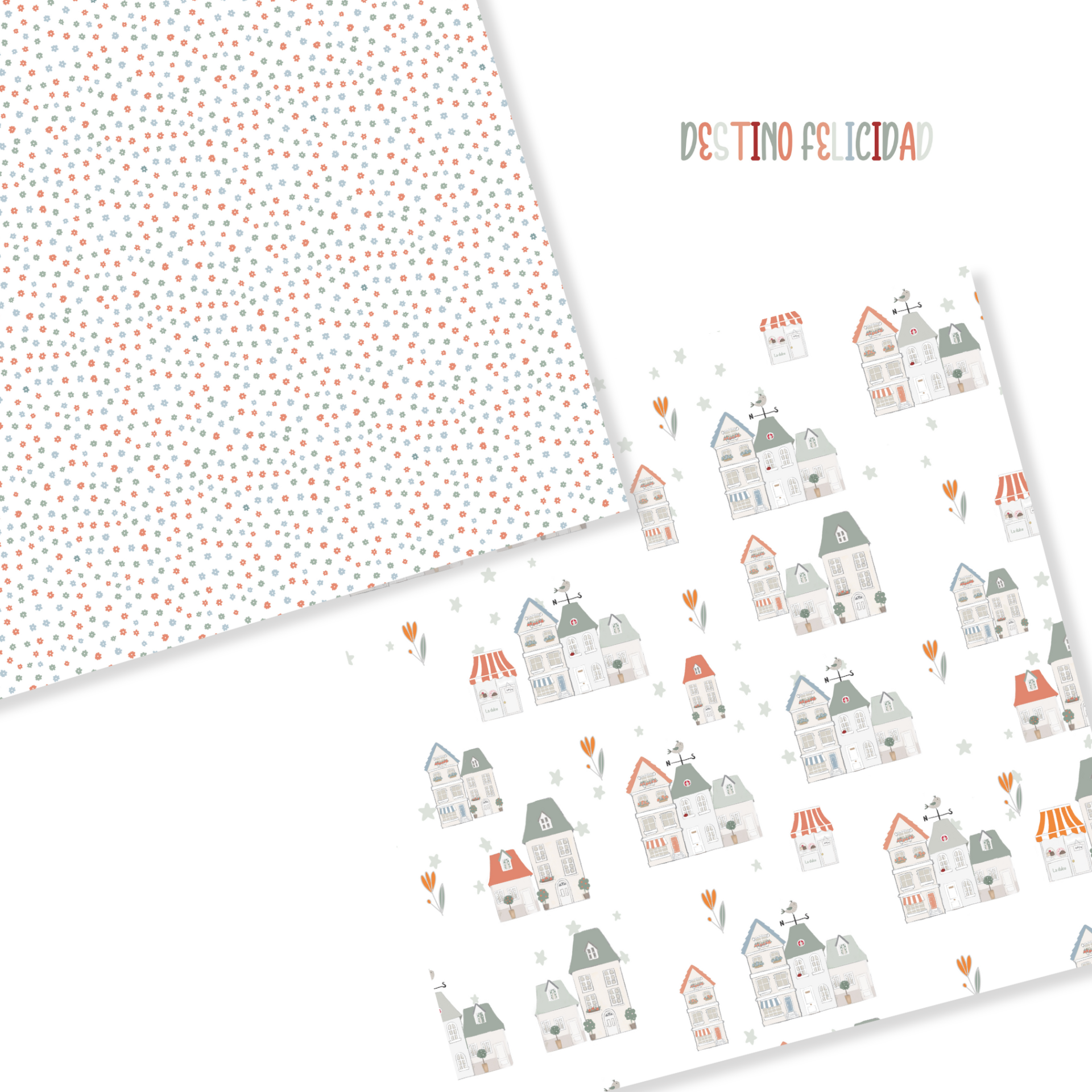 Papel de embrulho com padrão colorido e casas desenhadas