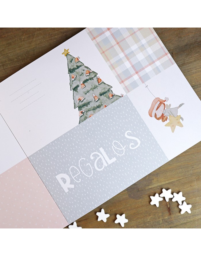 Cartão de Natal decorativo dividido em quadrantes com ilustrações e texto 