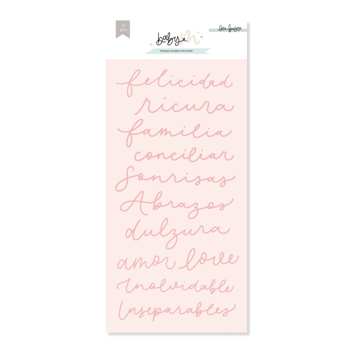 Autocolantes decorativos com palavras em letra cursiva castanha sobre fundo rosa claro