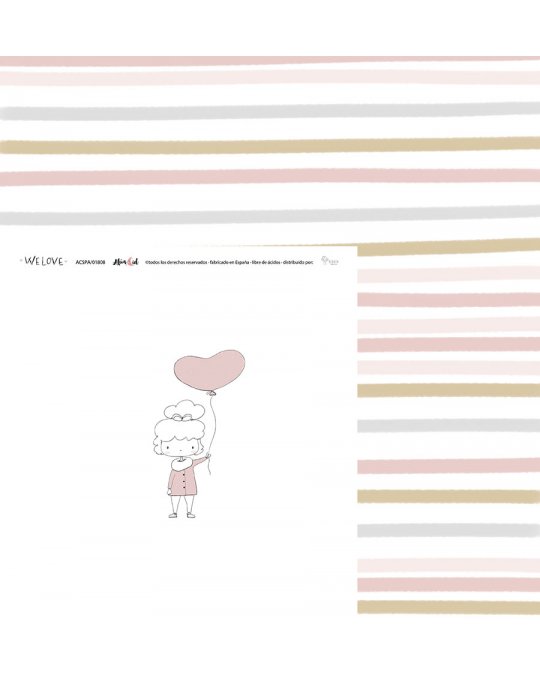 Papel de parede infantil com riscas multicoloridas e ilustração de menina com balão cor-de-rosa.