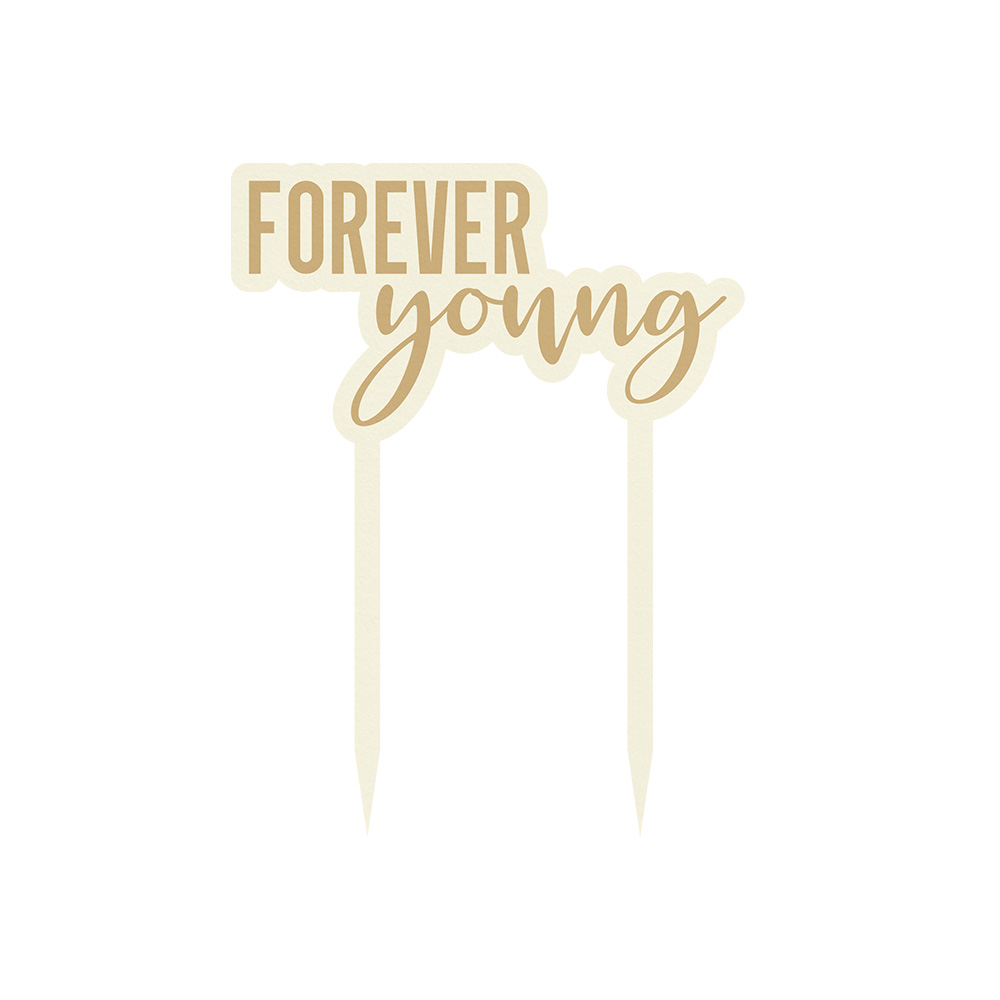 decoração para bolo 'FOREVER young' em acrílico branco com texto dourado