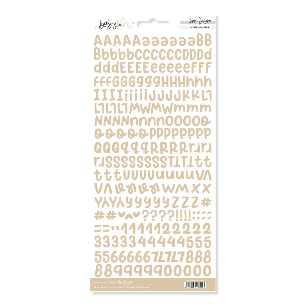 Folha de autocolantes com letras, números e símbolos bege em embalagem plástica
