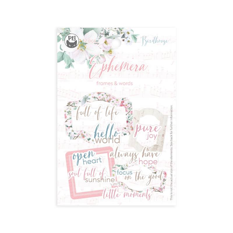 Elementos decorativos com textos em inglês e padrões florais para scrapbooking