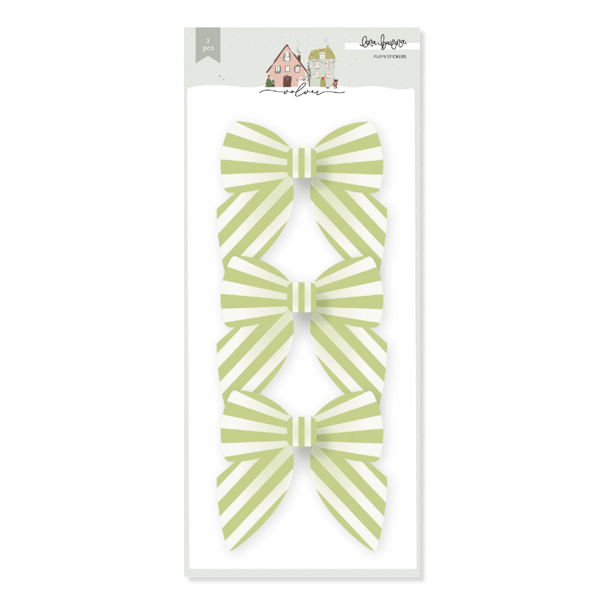 Pack de três laços decorativos em papel com riscas verdes e brancas em suporte branco