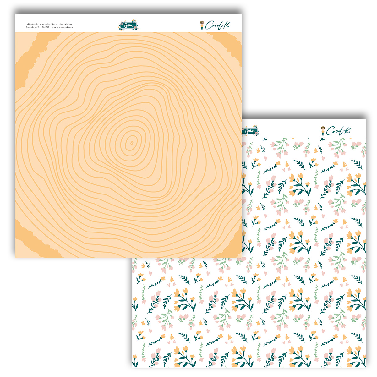 Papel decorativo com padrão de anéis concêntricos e padrão floral no verso