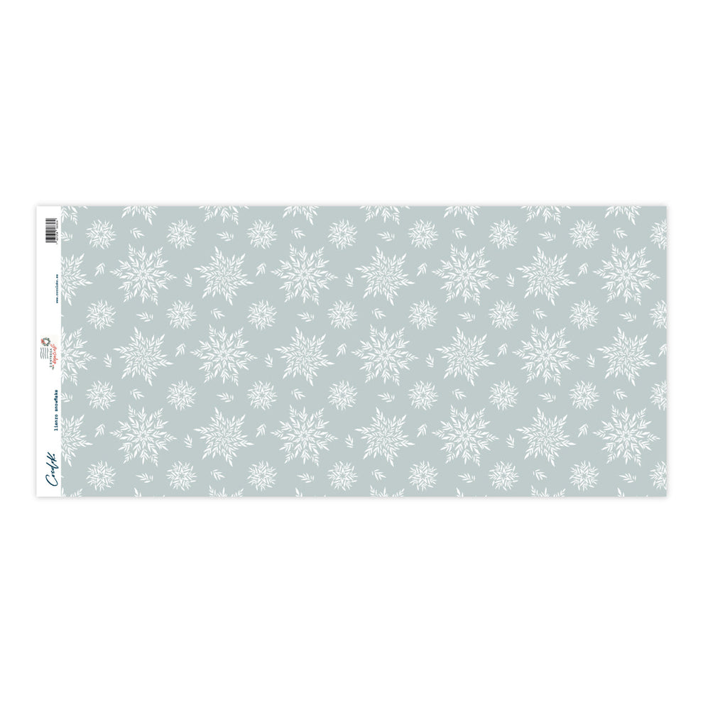 tecido azul claro com padrão de flocos de neve brancos