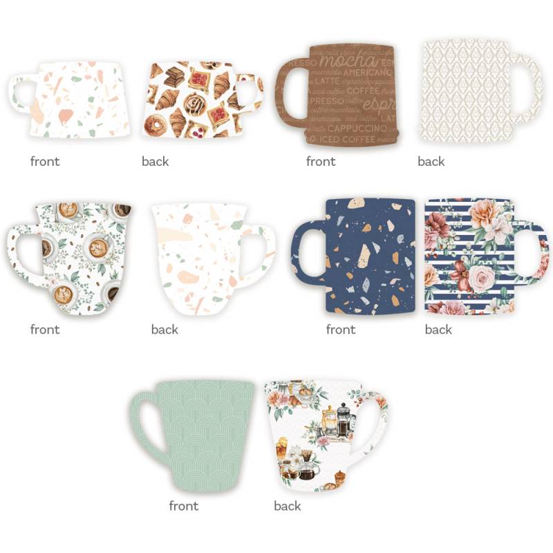 Oito canecas de cerâmica com variados padrões coloridos e texturas distintas exibidas frente e verso.