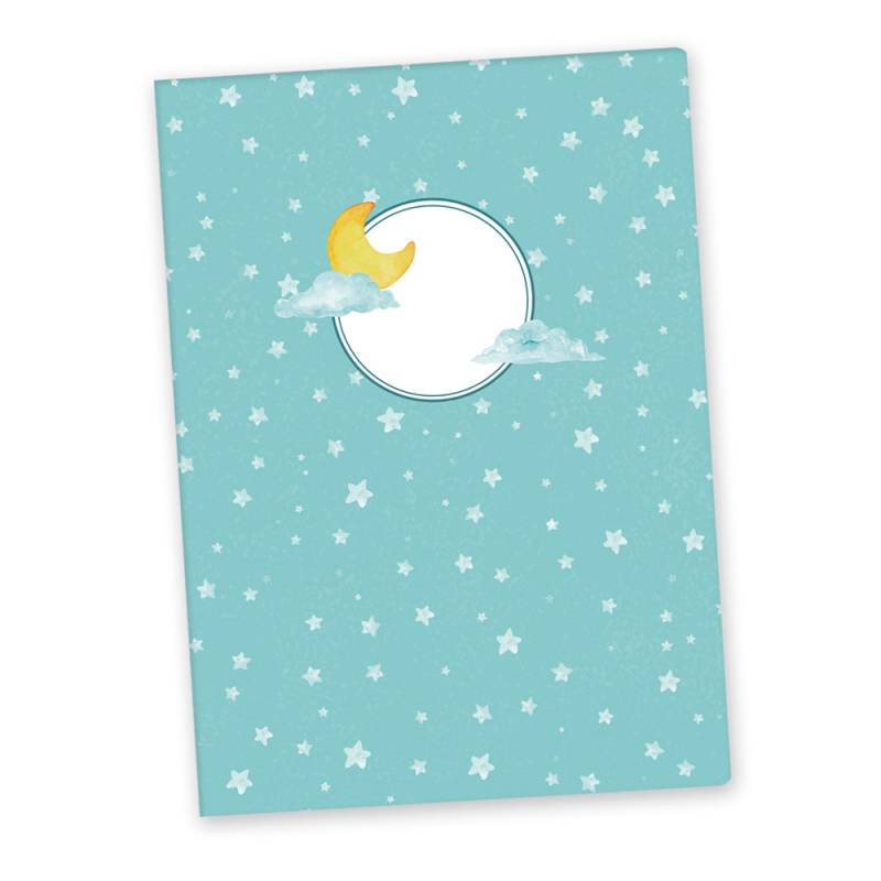 Caderno azul claro com estrelas, lua amarela, nuvens e círculo branco na capa