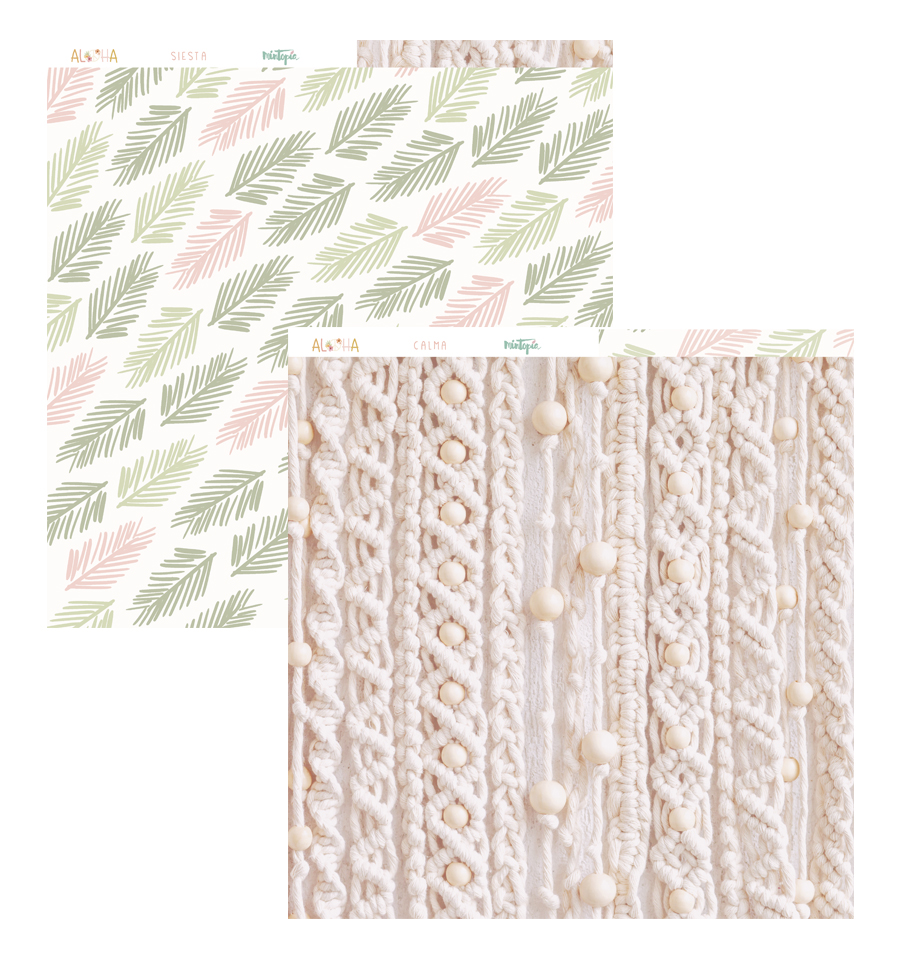 Dois padrões de papel decorativo, folhas verdes e rosas, e textura trançada creme