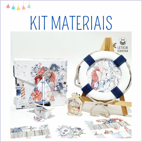 Kit materiais com padrão náutico em azul, vermelho e branco com barco, salvavidas e flores