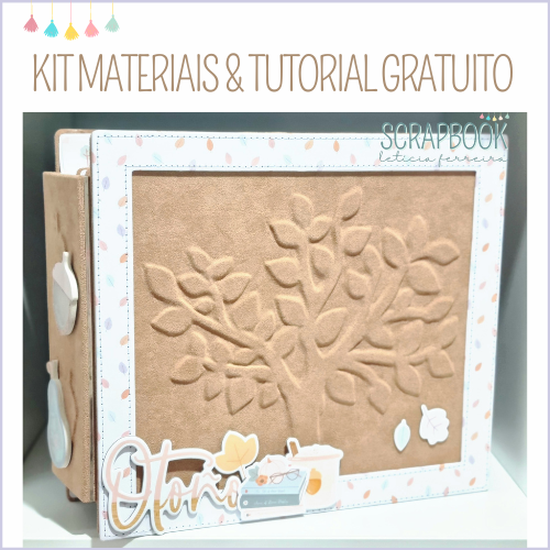 Caixa decorativa para scrapbooking em tecido castanho com relevo e etiquetas temáticas