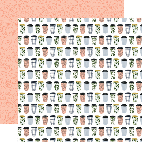 Papel de embrulho com padrão de copos de café e bordas rosas decoradas