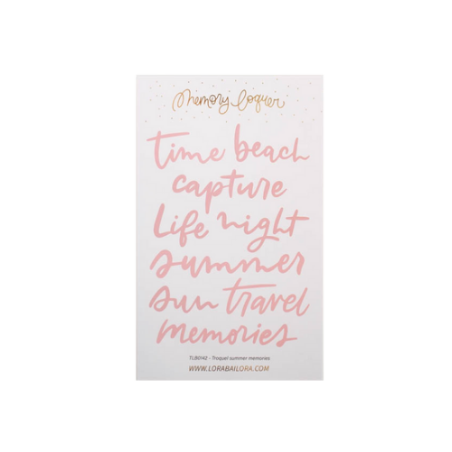 Autocolantes com palavras em letra cursiva rosa e dourada sobre fundo branco