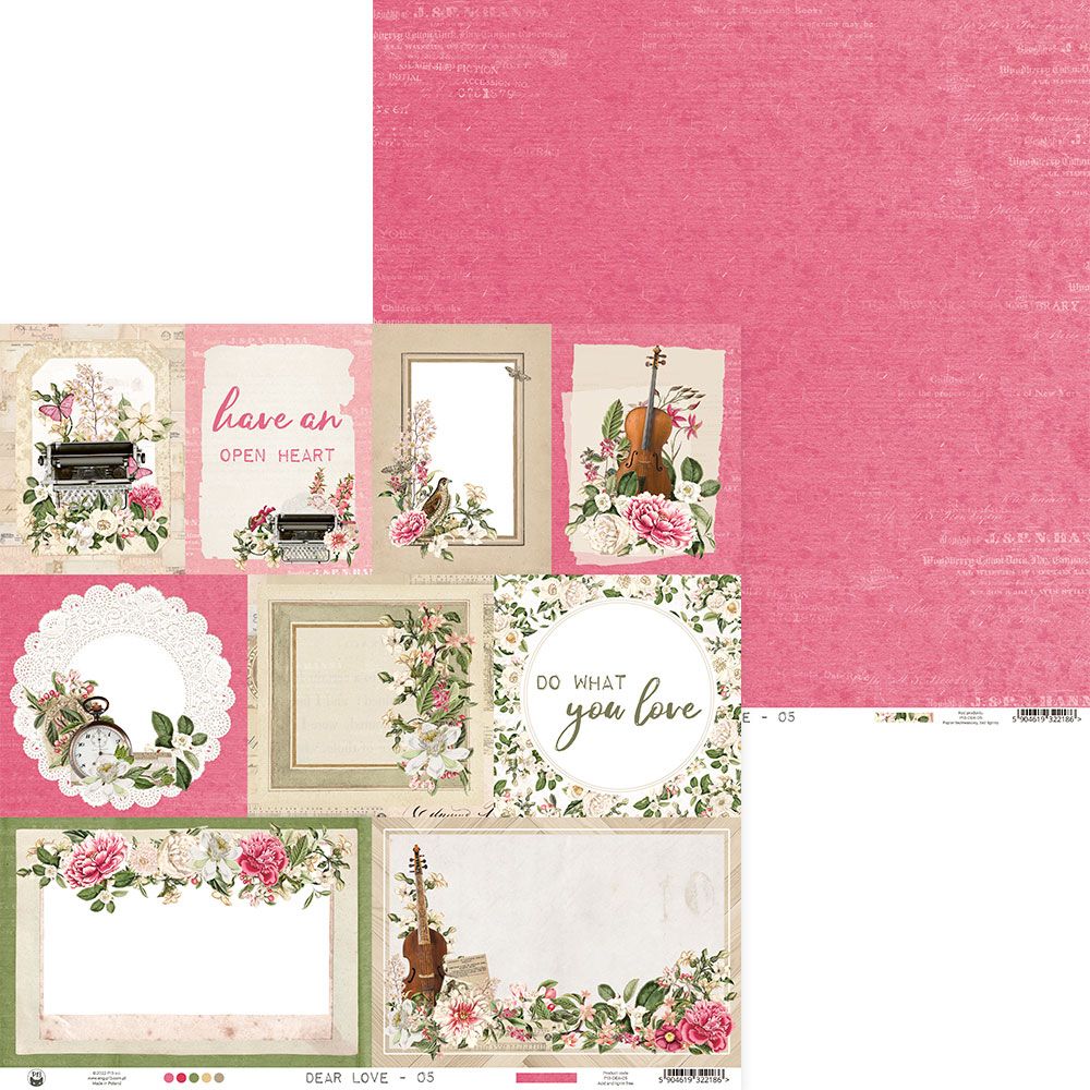 Papel de scrapbook floral e musical com frases inspiradoras e molduras decorativas