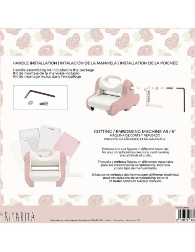 Máquina de corte e gravação em branco e rosa com matrizes coloridas e instruções de montagem