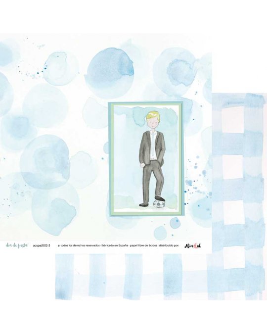 Padrão azul aquarelado e moldura verde com ilustração de criança com fato cinzento e bola de futebol