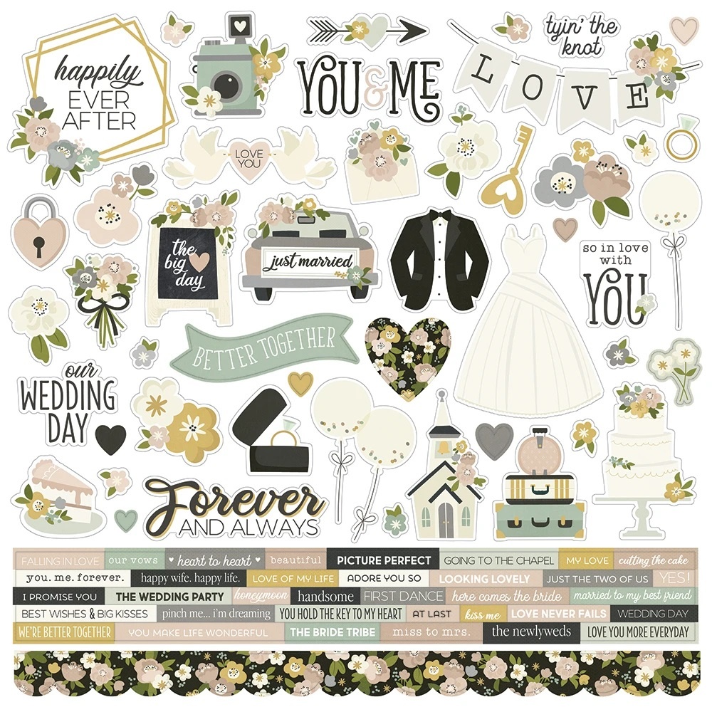 Autocolantes com motivos e frases relacionadas com casamento em tons suaves.