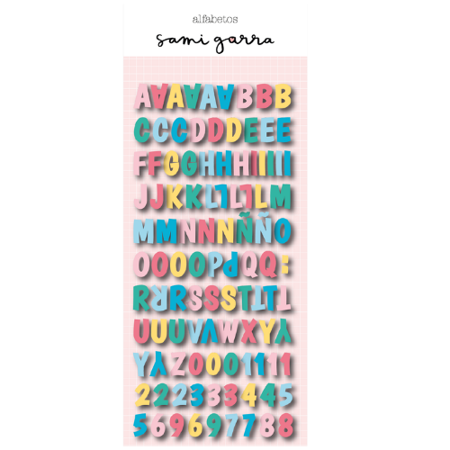 Autocolantes coloridos de letras e números com relevo sobre fundo branco e rosa