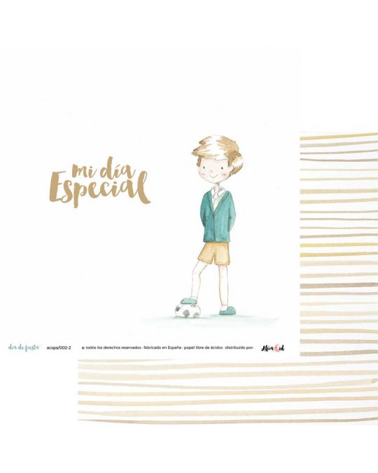 Cartão com ilustração de criança com bola e texto 'mi día Especial' em dourado