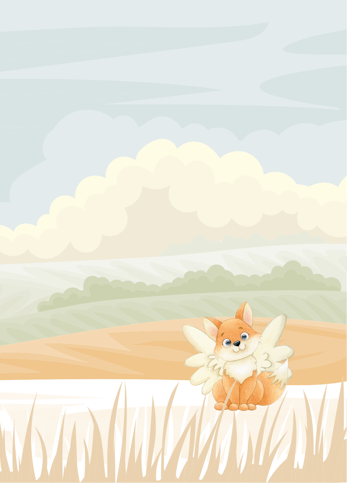 Cão fofo alaranjado com asas brancas numa paisagem ao ar livre