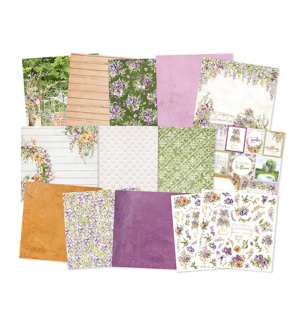 Conjunto de papéis decorativos com várias estampas florais e padrões vintage coloridos.