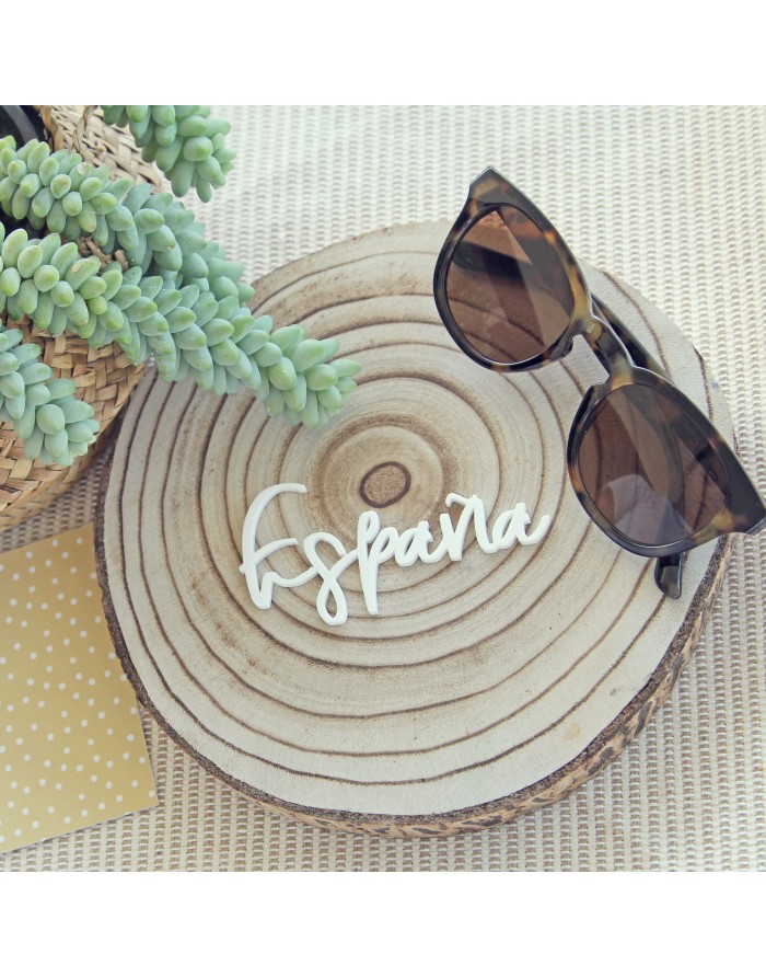 Óculos de sol castanhos sobre base de madeira com palavra España em branco, suculenta e caderno amarelo