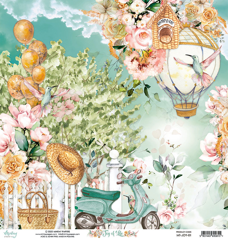 Imagem decorativa com motorizada, chapéu de palha, flores, balões e balão de ar quente com placa 'WELCOME'