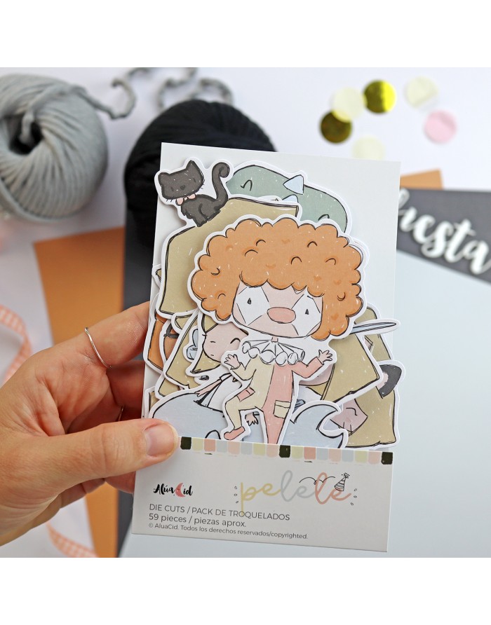 Pacote de recortes die cuts coloridos com personagens, novelos de lã e confetis ao fundo