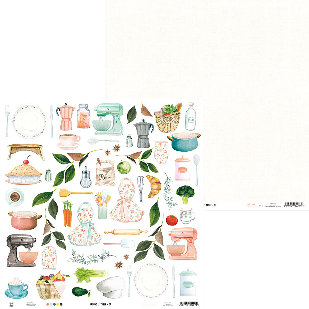 Papel decorativo de scrapbooking com ilustrações de utensílios de cozinha e pastelaria em tons pastel