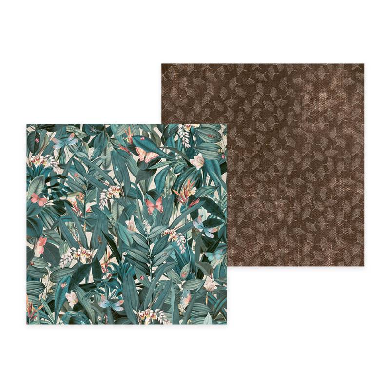 Dois tecidos com padrões, um tropical azul e outro castanho geométrico