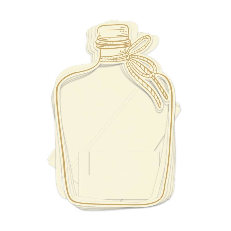 Ilustração de garrafa bege com laço dourado e rótulo retangular