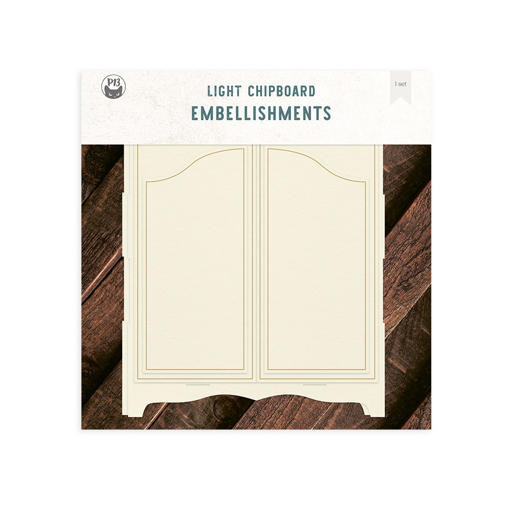 Embalagem de madeira clara em forma de armário decorativo com texto LIGHT CHIPBOARD EMBELLISHMENTS