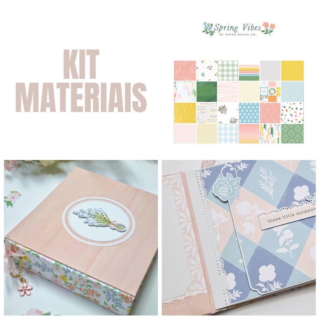Kit materiais para scrapbook com papéis decorativos variados e caixa rosa