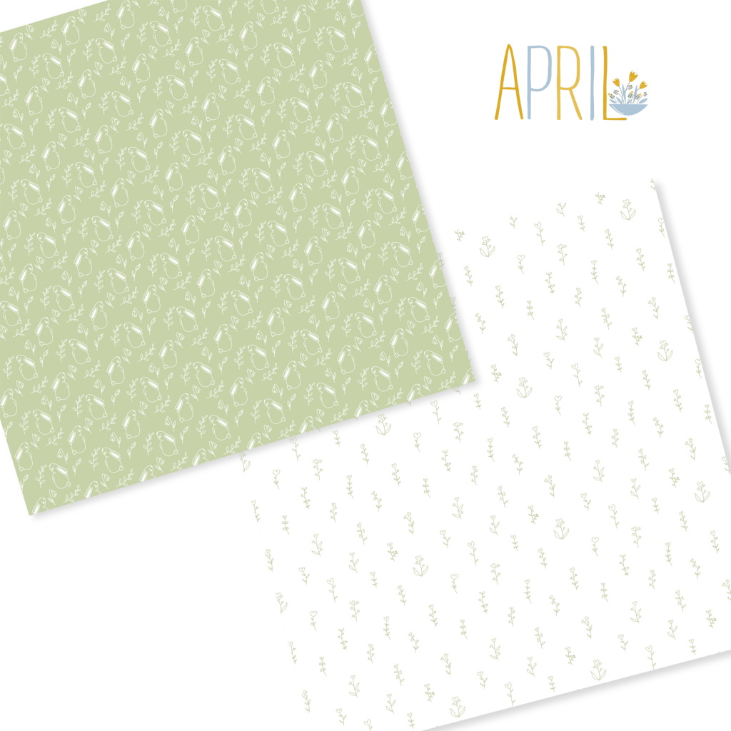 Dois papéis decorativos com padrões botânicos e texto APRIL