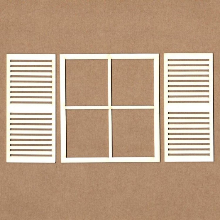 Molduras brancas em forma de janela e venezianas sobre fundo castanho