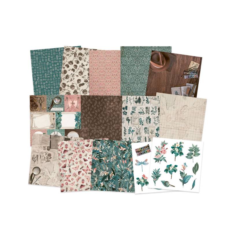 Vários papéis decorativos com padrões florais, naturais e textura de madeira, incluindo texto 'TO DO LIST'