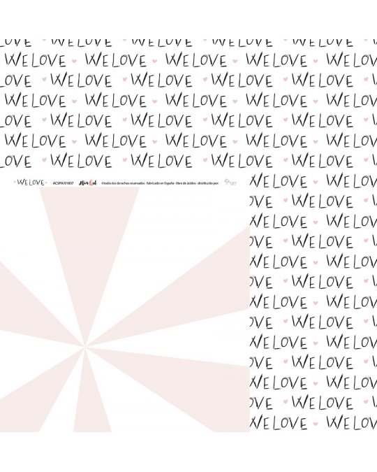 Papel ou pano com padrão da palavra WELOVE em fundo branco e detalhes em rosa claro