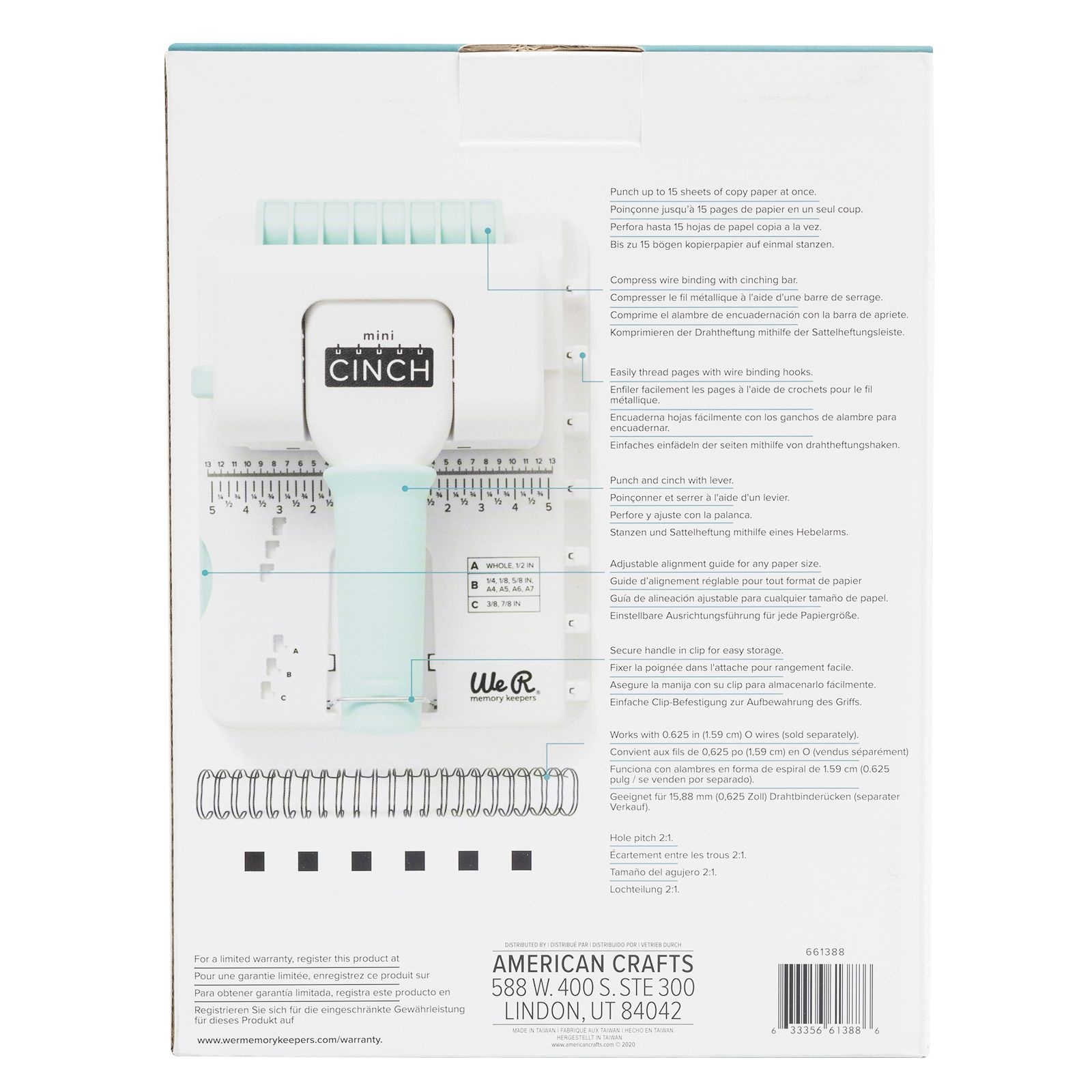Parte traseira da embalagem de um carimbo manual 'mini CINCH' com textos e código de barras